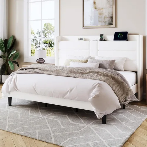 Miniatura 12 de Allewie Base de cama de plataforma tamaño Queen con estación de carga y cabecera de almacenamiento, diseño tapizado de terciopelo con respaldo