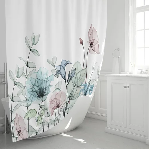Miniatura 2 de JOYMIN Juego de cortinas de ducha de tela floral con 12 ganchos, cortina de baño de acuarela, accesorios decorativos modernos para baño, flores