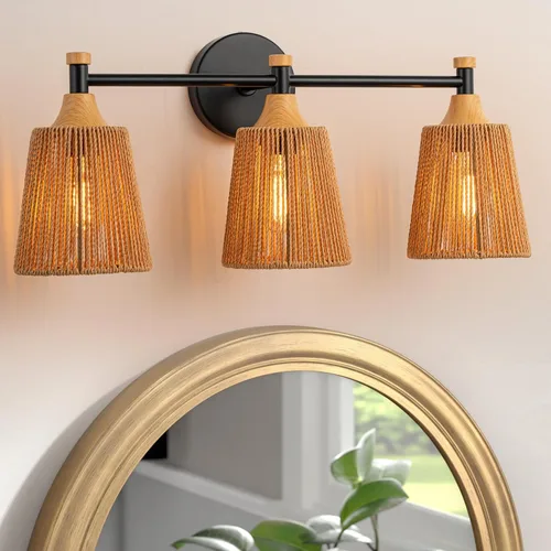 Miniatura 14 de Lámparas de baño bohemias, luces rústicas de tocador de 2 luces sobre el espejo, iluminación de ratán de granja con persianas tejidas a mano