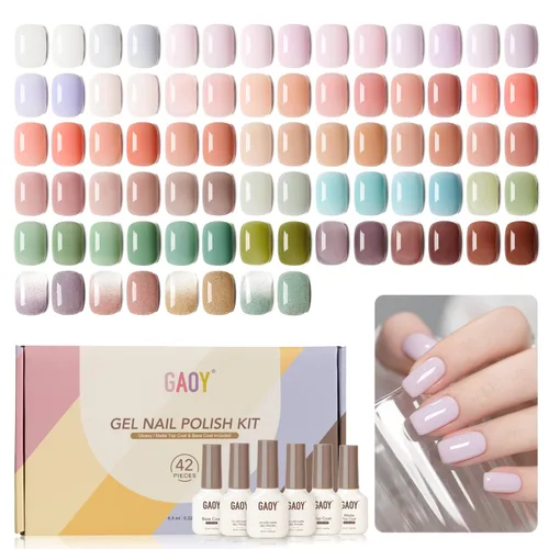 Miniatura 12 de GAOY - Juego de 42 esmaltes de uñas de gel, colores pastel, primavera, verano, rosa, verde, con capa superior brillante y mate y capa base