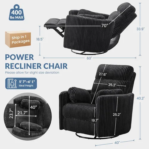 Miniatura 5 de GRAINELL - Silla reclinable giratoria con ajuste para reposacabezas, puerto de carga USB, reclinable eléctrico de posición infinita, mecedoras