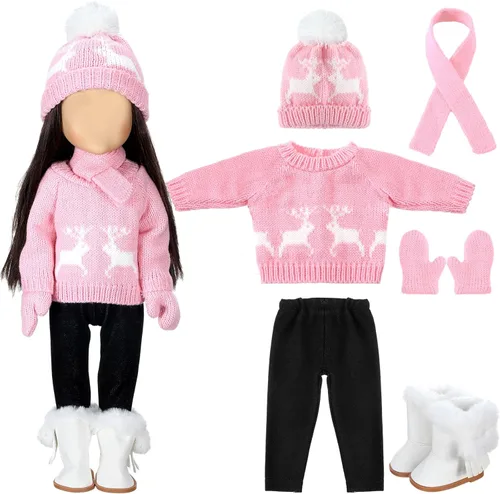 Miniatura 12 de Bencailor 6 Piezas Ropa y Accesorios para Muñecas de 18 Pulgadas de Navidad Conjunto de Atuendos Navideños Suéteres Pantalones Sombreros Zapatos