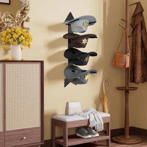 Miniatura 8 de Perchero de Sombreros Vaqueros para Pared Organizador de Sombreros para 10 Gorras de Béisbol y 3 Sombreros Vaqueros con Soporte de Sombreros de Negro