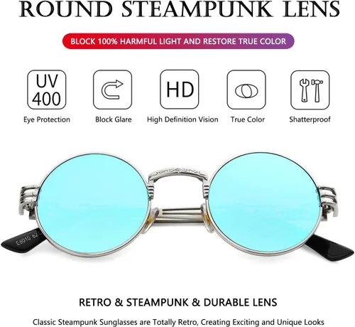 Miniatura 4 de AIEYEZO Gafas de sol redondas steampunk Circle Lennon Hippie, marco de metal, lente de bloqueo UV 100%