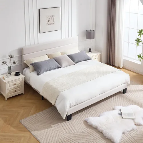 Miniatura 10 de Armazón de Cama de Plataforma Tamaño Full, Armazón de Cama con Cabecera de Tela Suave con Listones de Madera Resistentes – Moderno y Sin Ruido, Base
