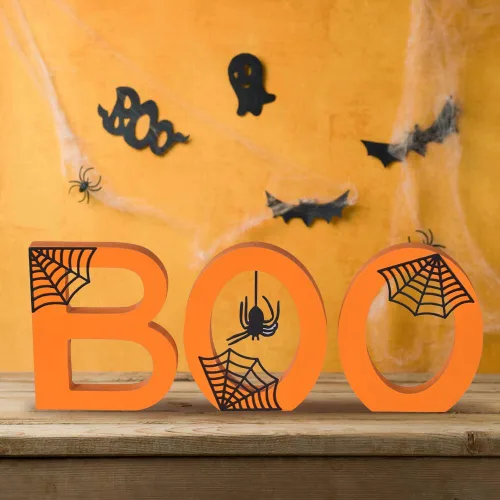 Miniatura 6 de Letreros de decoración de mesa de Halloween para interiores, 3 piezas de decoración de madera de Halloween con telarañas, letrero de decoración
