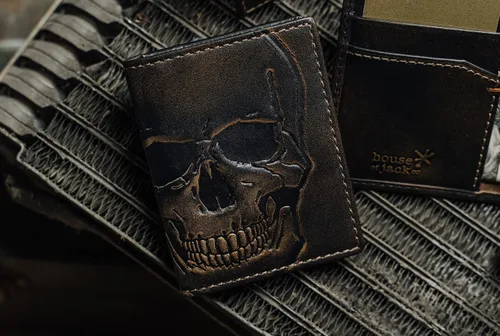 Miniatura 5 de HoJ Co. SKULL - Cartera delgada para tarjetas Funda plegable Cartera minimalista de bolsillo frontal Cuero de grano completo con acabado bruñido