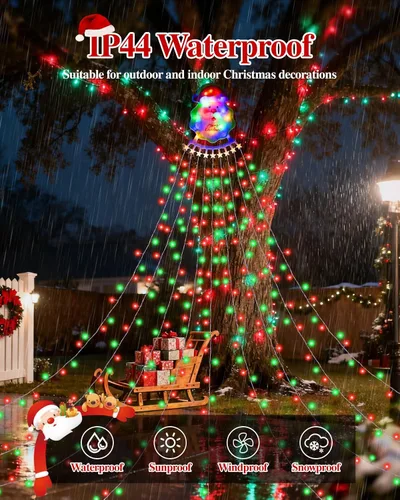 Miniatura 6 de Guirnalda de luces de cascada de Navidad para exteriores, luces de árbol de Navidad con 335 luces LED de 11.48 pies, 9 hebras, 8 modos