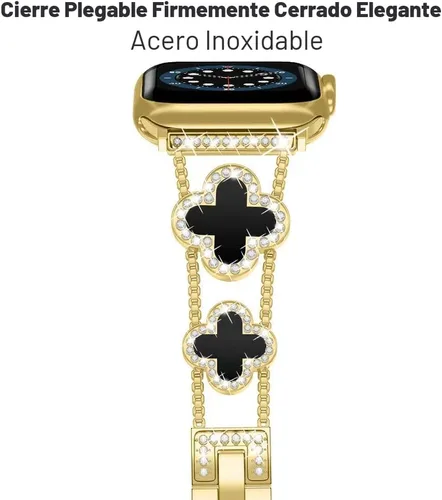 Miniatura 4 de Musk-MSKR Correas de metal con diamantes añaden brillo a tu reloj para Apple Watch Series 11/10/9/8/7/6/5/4/3/2/SE/Ultra Trébol Simple y elegante