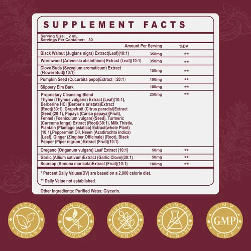 Miniatura 6 de Limpiador Liposomal 20-en-1 de Ajenjo y Nuez Negra para Humanos Gotas Líquidas – Limpieza Rápida del Intestino y Apoyo Digestivo con Clavo