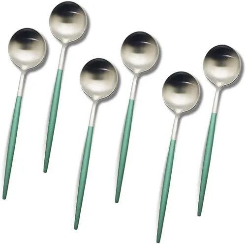 Miniatura 13 de JASHII Matte Modern - Juego de cubiertos de acero inoxidable 304 con mango redondo verde, juego completo de lujo que incluye cuchillo