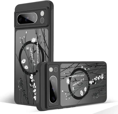 Miniatura 42 de Funda magnética para Google Pixel 10A [Compatible con MagSafe] Funda con patrón floral de flores negras para mujeres y niñas, con borde de TPU Rama
