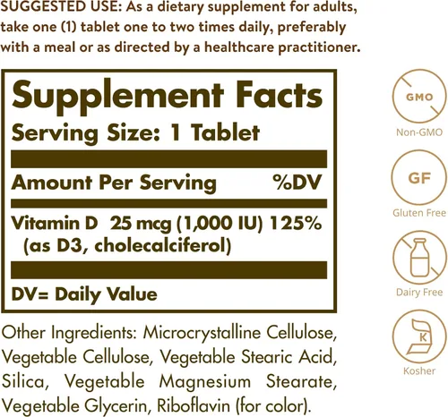 Miniatura 2 de Solgar - Vitamina D3 (colecalciferol) 25 mcg (1000 UI) – 180 tabletas - Ayuda a mantener huesos y dientes saludables - Soporte para el sistema