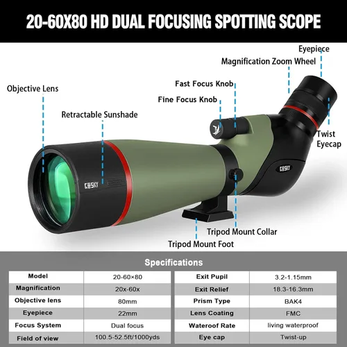 Miniatura 2 de Gosky 20-60X80 HD Telescopio Terrestre de Enfoque Dual, Prisma BAK4 Ocular Angular de 45 Grados con Trípode, Adaptador para Smartphone, Telescopio
