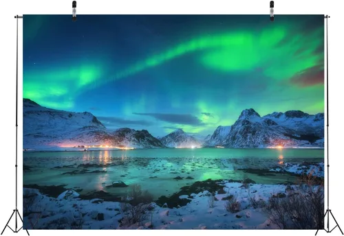 Miniatura 5 de BELECO Telón de fondo de tela de 5 x 3 pies con diseño de aurora boreal, cielo nocturno, montañas cubiertas de nieve, paisaje de lago, cielo