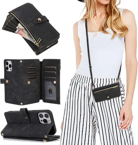 Miniatura 10 de Compatible con iPhone 13 Pro Max - Funda cruzada para mujeres y niñas, bolso de mano con tarjetero con cremallera, tapa y correa de hombro de piel