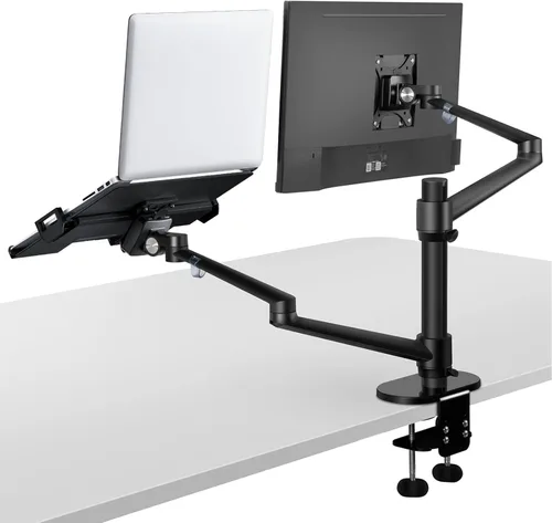 Viozon Soporte para monitor y portátil, soporte de escritorio de doble brazo ajustable 2 en 1, soporte de brazo único para escritorio/soporte para