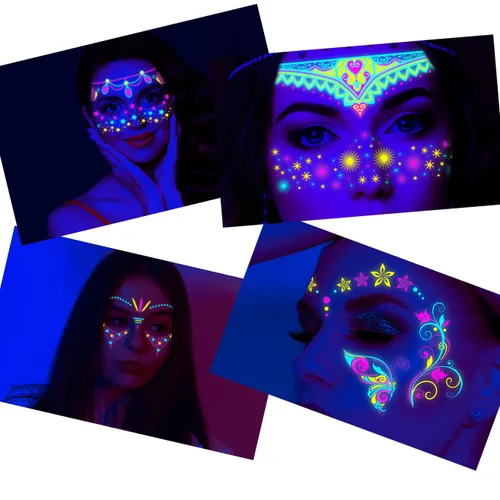 Miniatura 6 de Tatuajes faciales de neón que brillan en la oscuridad, tatuajes temporales con luz negra UV, calcomanías para cuerpo, cara, flores, tatuaje