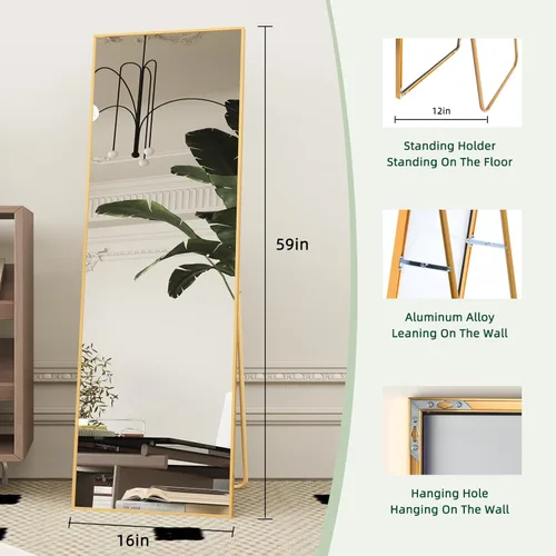 Miniatura 2 de Beauty4U Espejo de Cuerpo Completo de 59" x 16" de Alto con Soporte, Espejo de Cuerpo Completo Dorado para Montaje en Pared, Espejo Templado