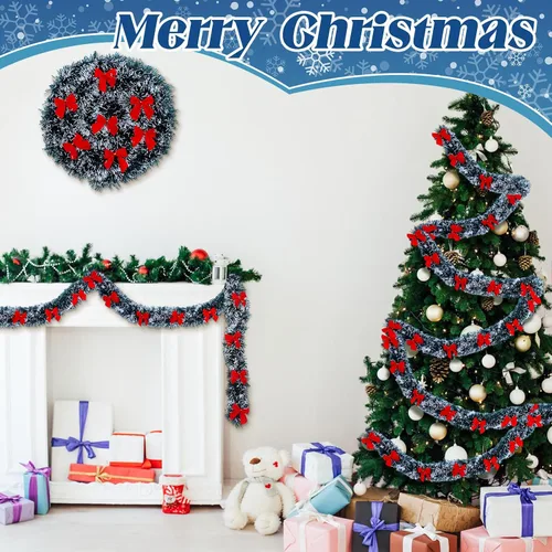 Miniatura 5 de Riceshoot Guirnalda de oropel de Navidad de 131.23 pies con lazo rojo metálico brillante colgante guirnalda para fiesta de Navidad, árbol, escalera