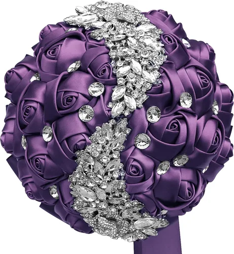 Miniatura 21 de XINNI Ramo de boda verde esmeralda para novia, dama de honor, satén rosa, ramo de boda con diamantes de imitación en forma de lluvia de meteoritos