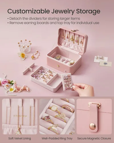 Miniatura 21 de SONGMICS Caja organizadora de joyas, estuche de viaje de 2 capas para aretes, collares, pulseras, almacenamiento portátil de joyas con gran Verde