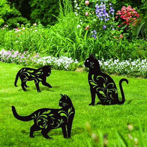 Miniatura 6 de URATOT Paquete de 3 estatuas de jardín de metal para gatos, silueta de gato negro, estacas decorativas para jardín al aire libre, estatuas
