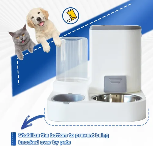 Miniatura 4 de Juego de dispensador automático de comida y agua para gatos, 2 en 1, comedero de gravedad todo en uno con tazón de comida para gatos de acero 【Gris】