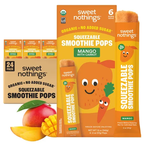 Sweet Nothings, Mango, Paletas de Batido de Fruta Orgánica USDA Exprimibles para Niños, Paquete de Valor de 24 - Sin Colorantes, Sin Azúcar Añadida,