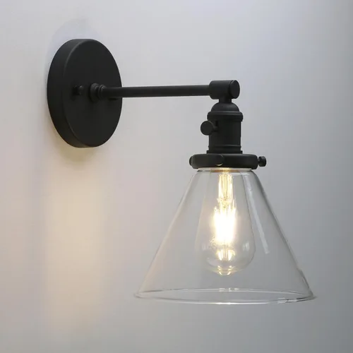 Lámpara de pared industrial negra de Phansthy con aplique de luz única con dosel cónico de 7.3 pulgadas para baño, cocina, restaurante (negro)