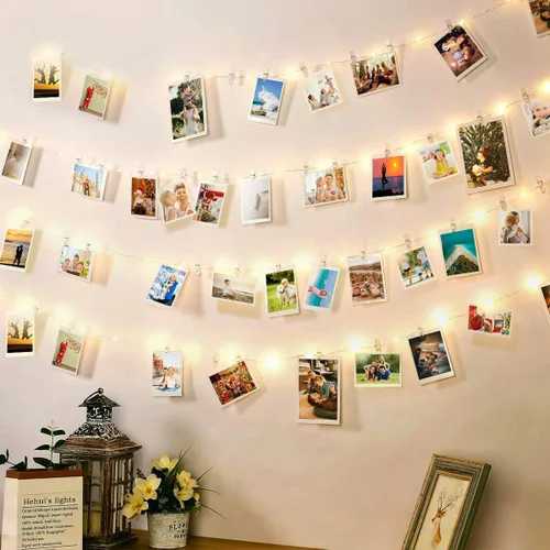 Cadena de luces con clip de fotos alimentada por USB con Romote, 100 luces LED con 50 clips transparentes, cadena de luces de alambre plateado para