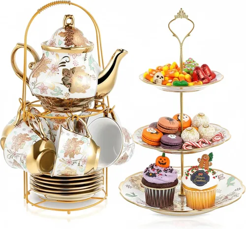 Miniatura 12 de Maxcheck Juego de 21 piezas para fiesta de té para adultos, juego de té floral europeo con soporte de metal y soporte de pastel de cerámica de 3