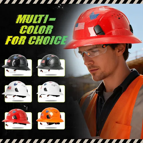 Miniatura 9 de Casco duro de ala completa con patrón de fibra de carbono con visera, casco de seguridad de construcción aprobado por la OSHA para hombres y Fibra