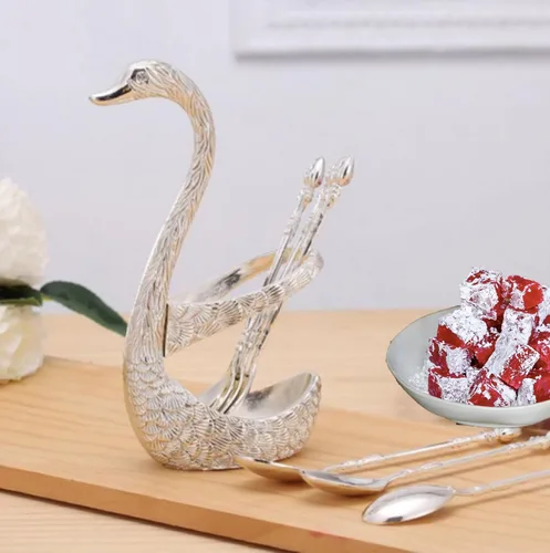 Miniatura 9 de Swan Spoon Eid - Juego de cubiertos de cuchara pequeña – Cubertería festiva de lujo, decoración moderna con soporte de 7 piezas (dorado)