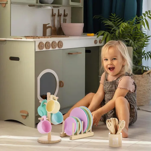 Miniatura 5 de GAGAKU Juego de Platos de Juguete de Madera para Niños - 27 Piezas Accesorios de Cocina de Juego Montessori Juego de Platos y Cuencos, Soporte