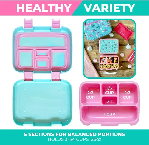 Miniatura 5 de Juego de lonchera bento con bolso de aislamiento, botella de agua y bolsa de hielo para niños y niñas pequeños 5 secciones de porciones, bandeja