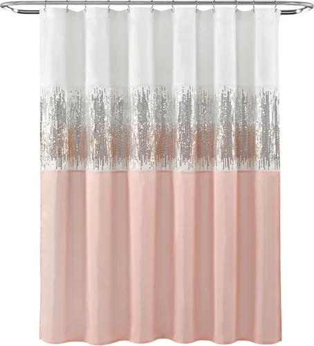 Miniatura 6 de Lush Decor Cortina de Ducha Night Sky, Individual, 72" An x 72" L, Blanco y Rubor - Cortina de Ducha con Lentejuelas - Cortina de Baño con Brillos