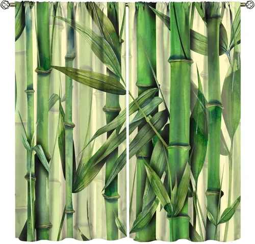 Miniatura 37 de Cortinas con estampado de bambú verde natural, plantas asiáticas, japonesas, tallos rústicos, hojas, cortina de selva con bolsillo para cortinero