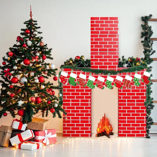 Miniatura 5 de Fullhawl 34 Piezas Chimenea de Cartón 3D de Navidad 39 x 59 Pulgadas Chimenea Artificial DIY de Navidad con Calcetín Accesorio de Llama de Fuego 3D