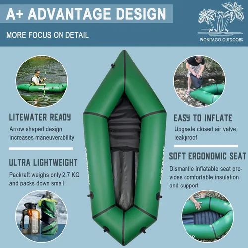 Miniatura 3 de Packraft - Kayak inflable de viaje de TPU con asiento suave y ligero, para rafting de agua plana/deriva de bicicletas/bote de agua litewater, 1 Verde