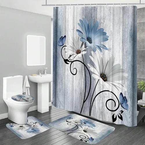 Miniatura 6 de Onalasyc Juego de 4 Piezas de Cortinas de Ducha con Flores de Margaritas Azules y Plantas, Cortina de Ducha y Alfombra y Accesorios, Juego