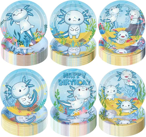 Gerrii 60 platos de papel para fiesta de cumpleaños de ajolote azul de 7 pulgadas, decoraciones de ajolote azul, platos desechables para cenas,
