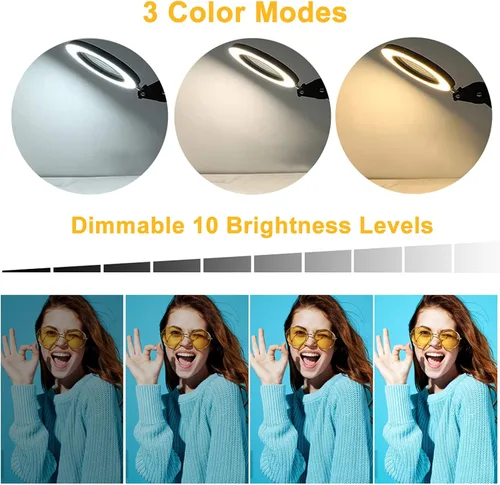 Miniatura 4 de Lámpara de aumento con abrazadera, 8 lámparas de lupa, 3 colores y 10 brillantes, lámpara LED de lupa ajustable de 19 pulgadas, lámpara de brazo