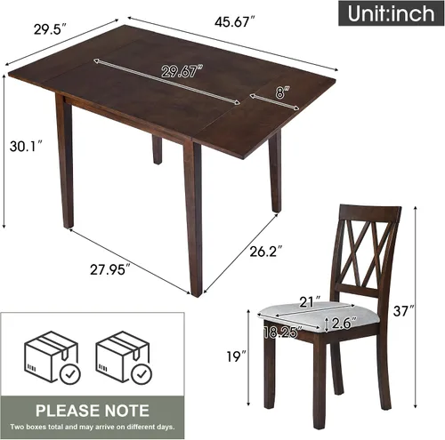 Miniatura 2 de P PURLOVE Juego de comedor de 3 piezas para cocina, juego de mesa de comedor de madera con mesa de comedor de hojas abatibles y 2 sillas tapizadas