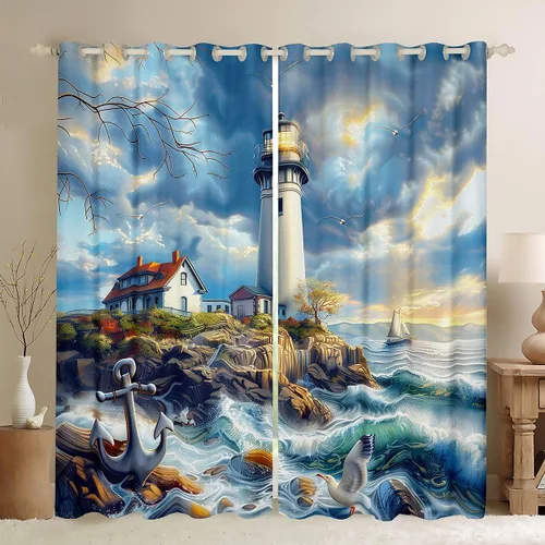 Miniatura 25 de Erosebridal Nautical Lighthouse Blackout Curtains 30-50% Navigation Theme Curtains for Women Men Watercolor Seascape Window Treatments Coastal Night