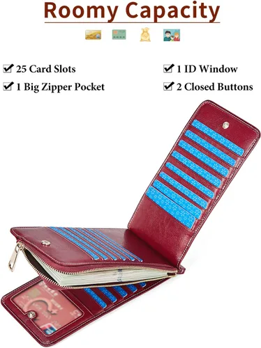 Miniatura 3 de FOXLOVER Portatarjetas de crédito múltiples para mujer, con bloqueo RFID, cartera de cuero para mujer con bolsillo con cremallera, rojo vino