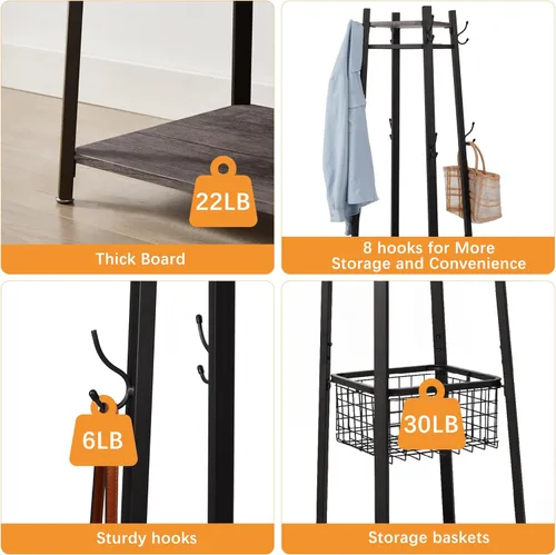 Miniatura 3 de VECELO Perchero independiente, árbol de pasillo con cesta de metal y estantes de almacenamiento, perchero industrial con 8 ganchos para colgar Marrón