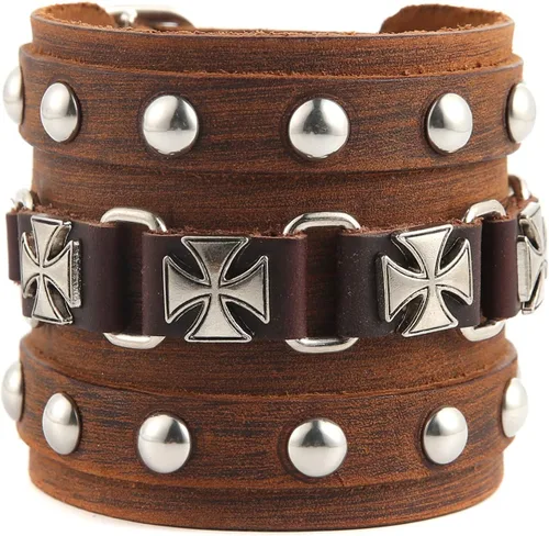 Miniatura 10 de STWTR Pulsera de cuero para hombre estilo punk rock, brazalete ancho tipo cinturón de motocicleta