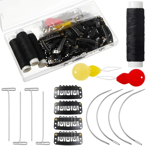 Juego de 85 extensiones de cabello con clip, incluye 50 clips a presión en forma de U, 10 agujas curvas, 20 pines en T, 3 rollos de hilo de tejer, 2