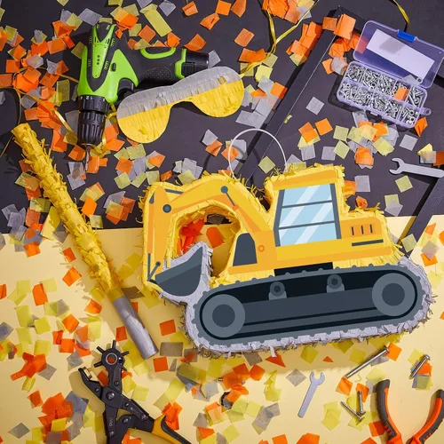 Miniatura 2 de Lewtemi Piñatas de excavadora para fiesta de cumpleaños con palo, venda para los ojos y confeti, suministros para fiesta de cumpleaños para adultos